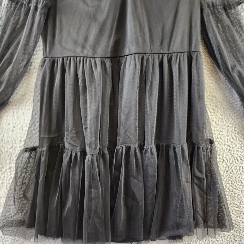 VINCE CAMUTO Mesh Ruffled Dress Women's S Black V-Neck Long Sleeves Pullover - Picture 3 of 13